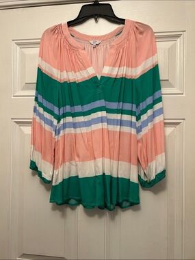 crown & ivy Pink, Green & Blue Striped Peasant Top